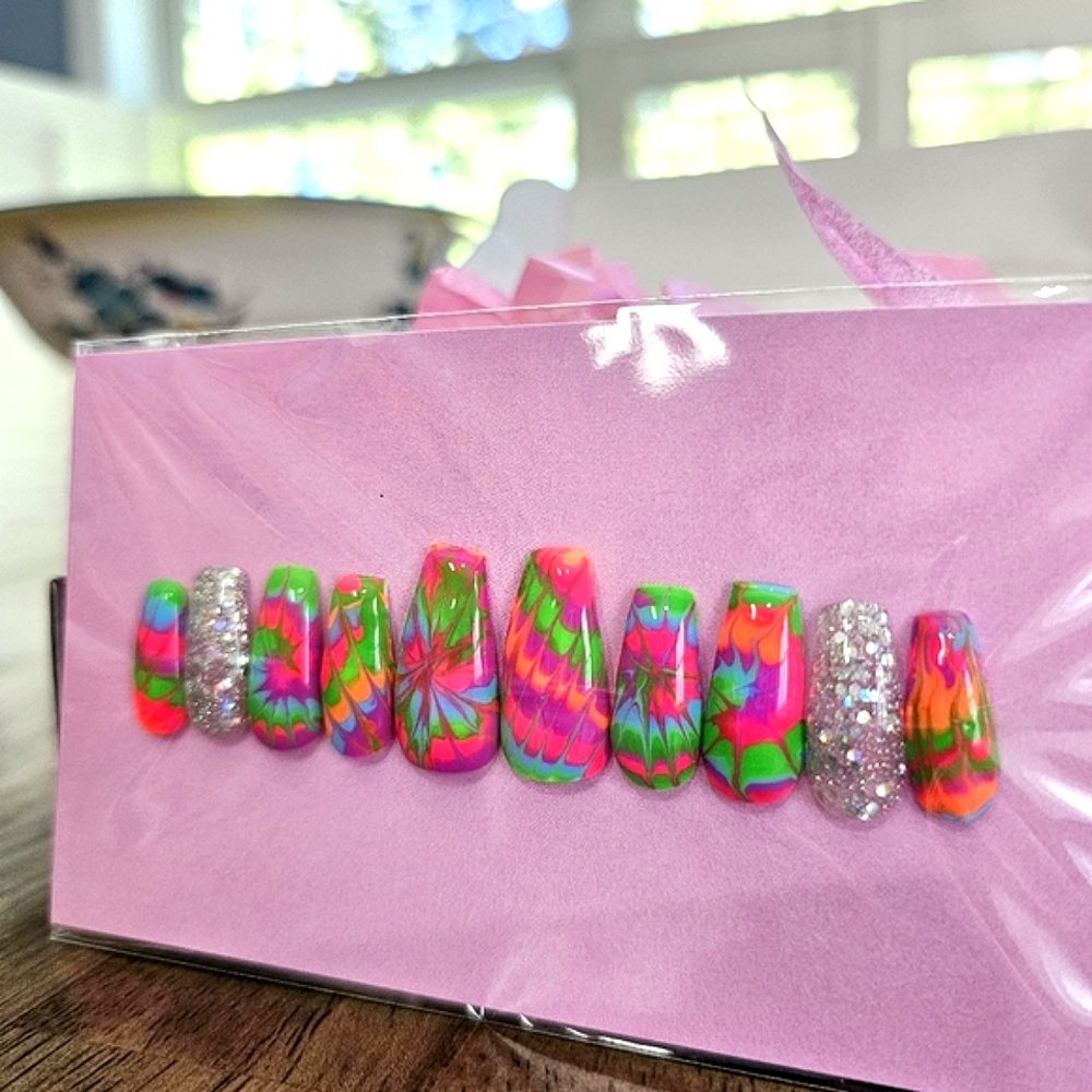 Neon Tie Dye and Glitter Press-On Nails